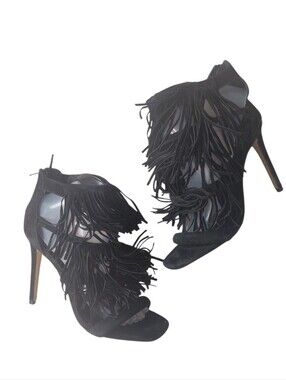 Steve Madden Fringely Fringe Black Suede Tiered Fringe Stiletto Heels Size 9